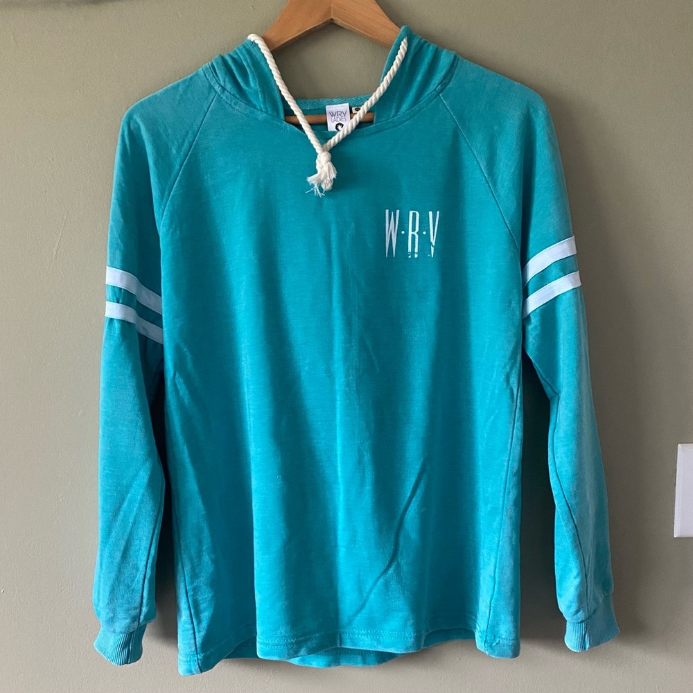 NWOT WRV Women’s Lightweight Hoodie Sweatshirt Turquoise White Drawcord & Pocket